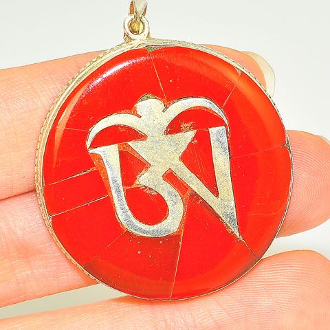 Sterling Silver Red Coral Tibetan Om Medallion Pendant