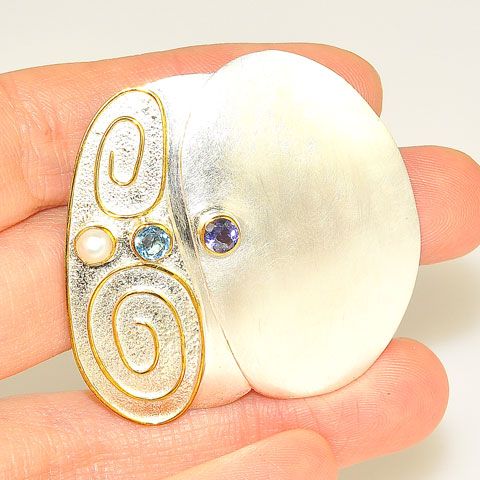 22 K Gold Vermeil and Sterling Silver Iolite and Blue Topaz Pendant/Pin