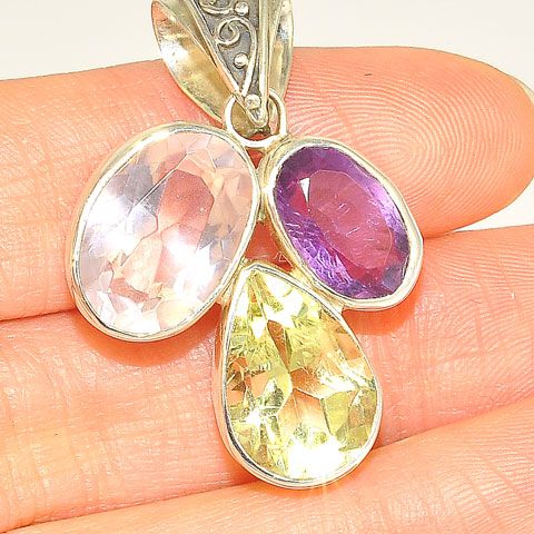 Sterling Silver Rose Quartz, Citrine and Amethyst Pendant