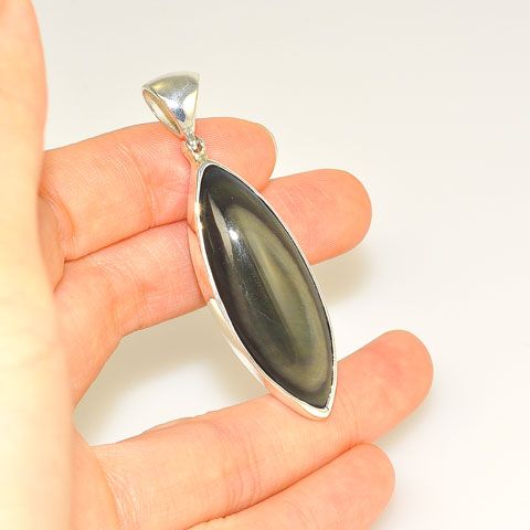 Sterling Silver Obsidian Marquise Pendant