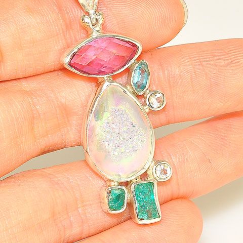 Sterling Silver Druzy, Pink Topaz and Emerald Pendant