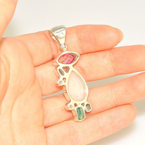 Sterling Silver Druzy, Pink Topaz and Emerald Pendant