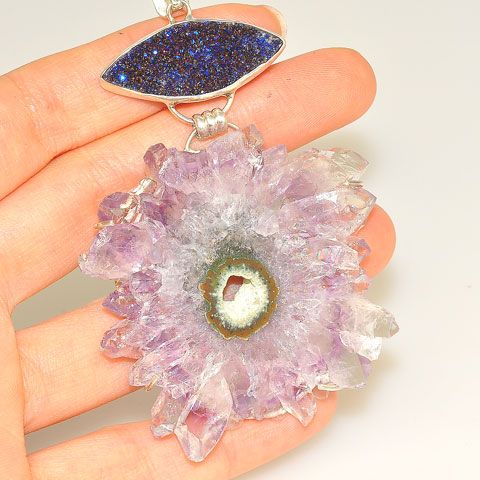 Sterling Silver Amethyst Crystal Cluster Slice and Titanium Druzy Pendant