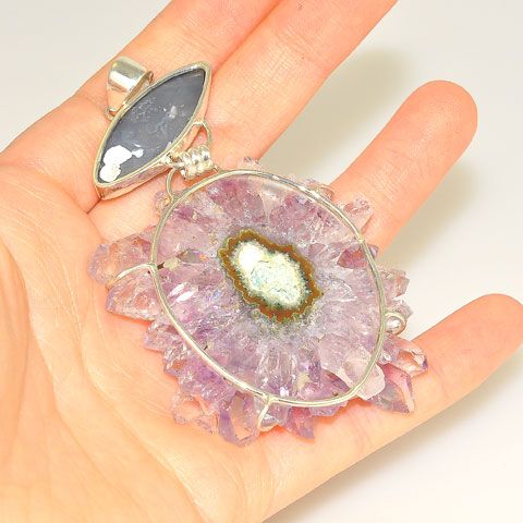 Sterling Silver Amethyst Crystal Cluster Slice and Titanium Druzy Pendant