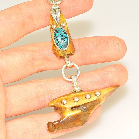 Sterling Silver Fossilized Walrus Ivory and Turquoise Link Pendant