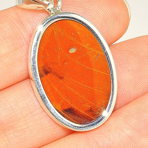 Sterling Silver Orange Butterfly Wing Oval Pendant