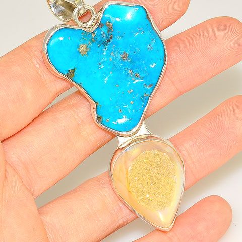 Sterling Silver Sleeping Beauty Turquoise and Druzy Pendant