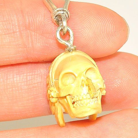 Sterling Silver Carved Fossilized Walrus Ivory Chief Skull Pendant