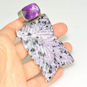 Sterling Silver Carved Russian Charoite and Amethyst Pendant/Pin