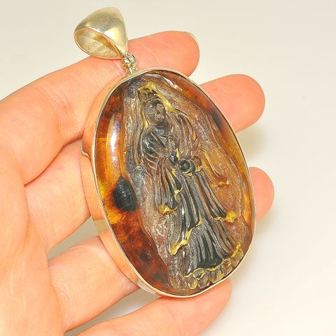 Sterling Silver 66.9-Carat Carved Kwan Yin Amber Pendant