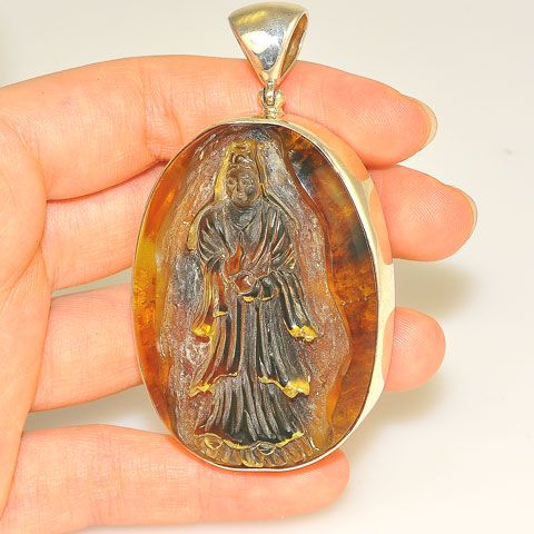 Sterling Silver 66.9-Carat Carved Kwan Yin Amber Pendant