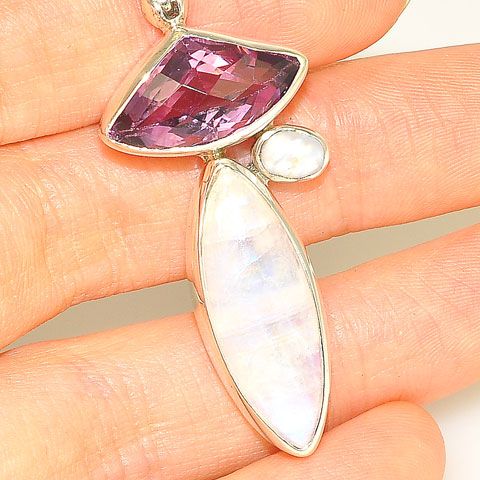 Sterling Silver Moonstone, Amethyst and Pearl Pendant