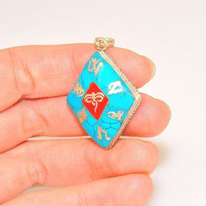 Sterling Silver Turquoise and Red Coral Tibetan Om and Buddha Eyes Pendant