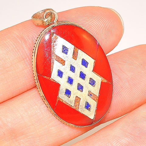 Sterling Silver Red Coral and Lapis Lazuli Tibetan Endless Knot Pendant
