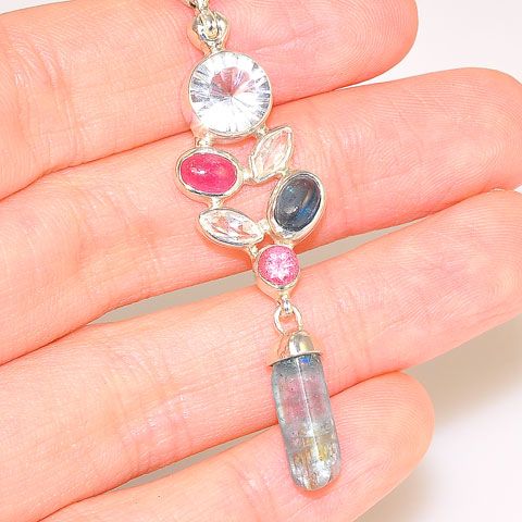 Sterling Silver Tourmaline, Quartz and White Topaz Pendant