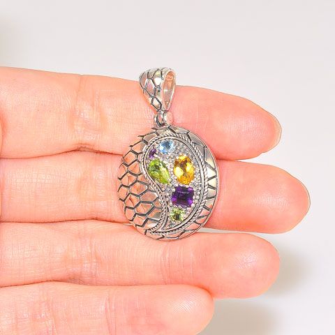 Sterling Silver Amethyst, Peridot and Citrine Round Scaled Pendant