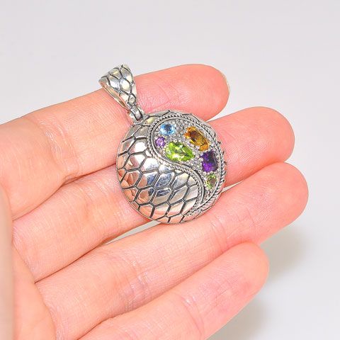 Sterling Silver Amethyst, Peridot and Citrine Round Scaled Pendant