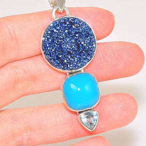 Sterling Silver Titanium Druzy, Chalcedony, and Blue Topaz Trio Pendant