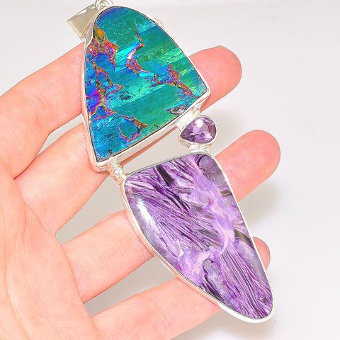 Sterling Silver Titanium Druzy, Russian Charoite and Amethyst Pendant