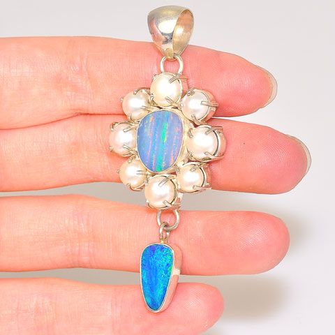 Sterling Silver Australian Opal Doublet and Mabe Pearl Border Pendant