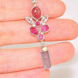 Sterling Silver 3.1-Carat Tourmaline Crystal, 2.3-Carat Pink Tourmaline and 0.6-Carat White Topaz Pendant