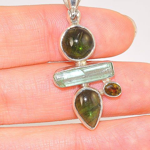 Sterling Silver Green Tourmaline, Green Tourmaline Crystal and Pink Tourmaline Pendant