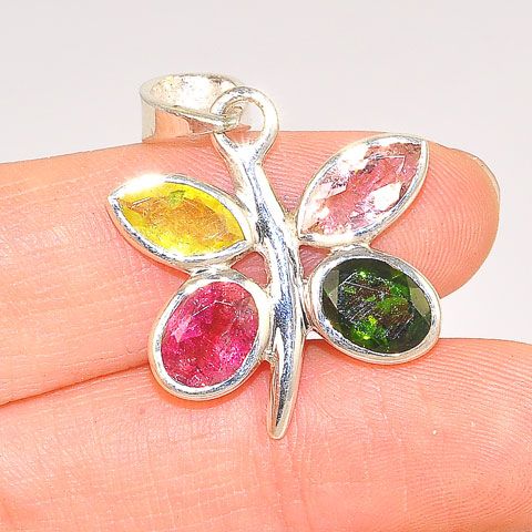 Sterling Silver Multicolor Tourmaline Butterfly Pendant