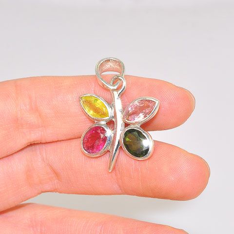 Sterling Silver Multicolor Tourmaline Butterfly Pendant