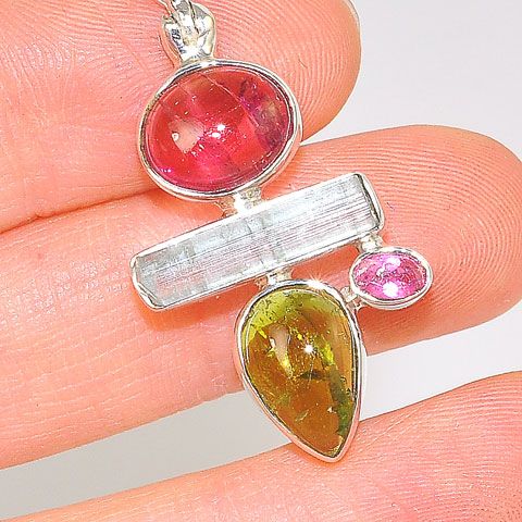 Sterling Silver 4.6-Carat Pink and Green Tourmaline and 1.8-Carat Tourmaline Crystal Pendant