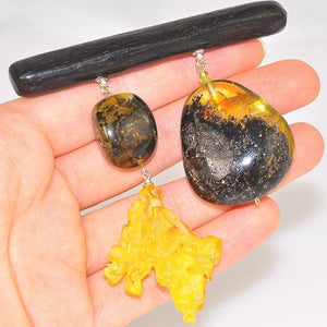 Sterling Silver Baltic Raw Amber, Carved Baltic Butterscotch Amber and Ebony Wood Pin