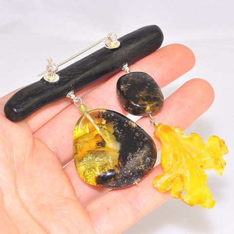 Sterling Silver Baltic Raw Amber, Carved Baltic Butterscotch Amber and Ebony Wood Pin