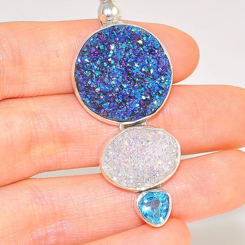 Sterling Silver Titanium Druzy, Opalized Druzy and Blue Topaz Pendant