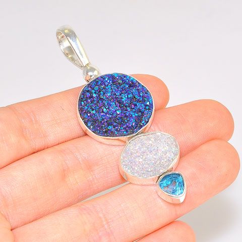 Sterling Silver Titanium Druzy, Opalized Druzy and Blue Topaz Pendant