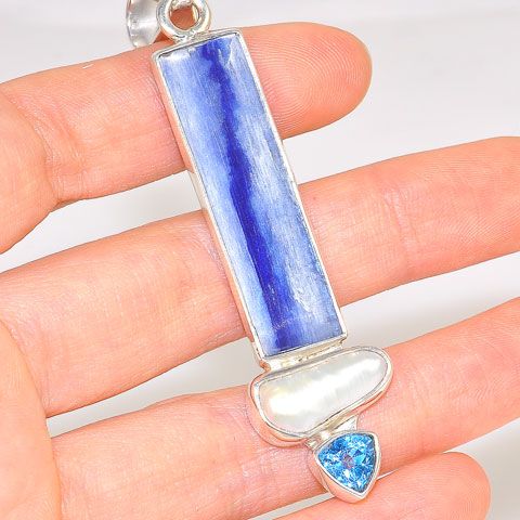 Sterling Silver Kyanite Bar, Freshwater Pearl and Blue Topaz Pendant