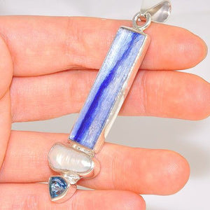 Sterling Silver Kyanite Bar, Freshwater Pearl and Blue Topaz Pendant