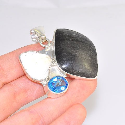 Charles Albert Sterling Silver Obsidian, Blue Topaz and Sea Shell Pendant