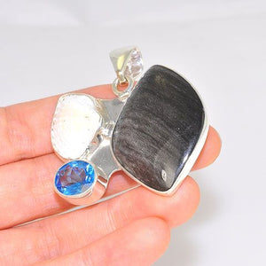 Charles Albert Sterling Silver Obsidian, Blue Topaz and Sea Shell Pendant