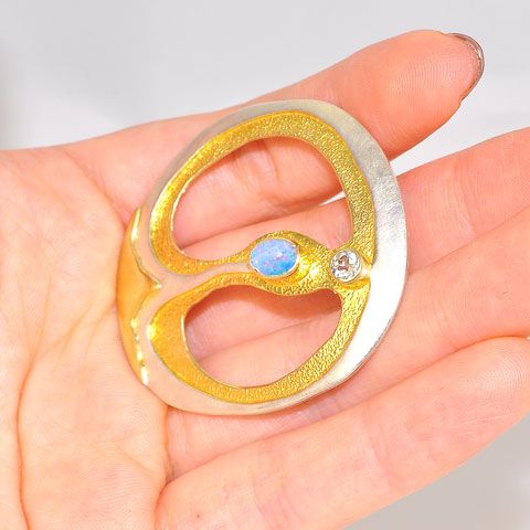 Sterling Silver and 22k Gold Vermeil White Topaz and Opal Pin