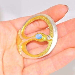 Sterling Silver and 22k Gold Vermeil White Topaz and Opal Pin