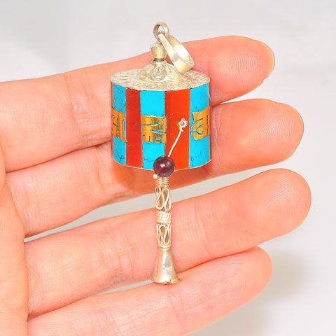 Sterling Silver Tibetan Turquoise and Coral OM Prayer Wheel Pendant