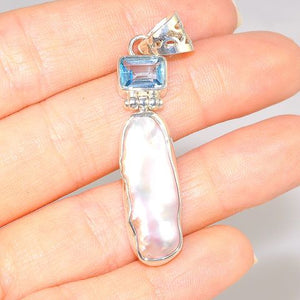 Sterling Silver Biwa Pearl and Blue Topaz Pendant