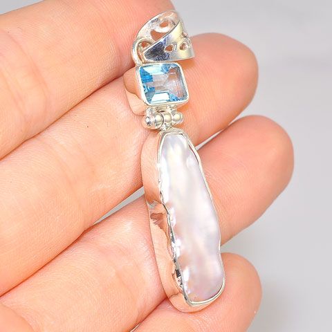 Sterling Silver Biwa Pearl and Blue Topaz Pendant