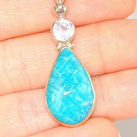 Sterling Silver 6.3 Carat Amazonite and 1.1 Carat White Topaz Pendant