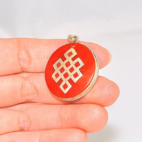 Sterling Silver Tibetan Coral Inlay Endless Knot Pendant