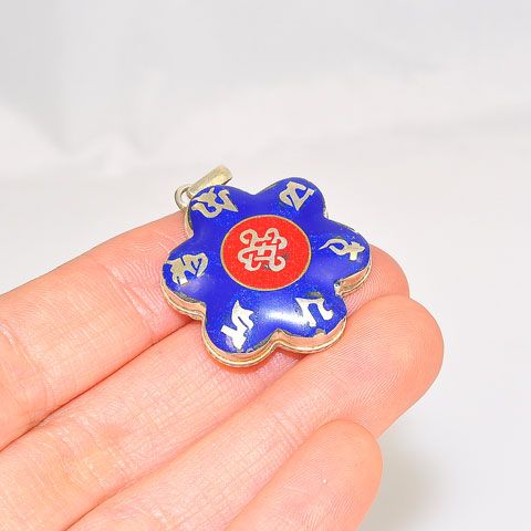 Sterling Silver Tibetan Lapis Lazuli and Coral OM Pendant