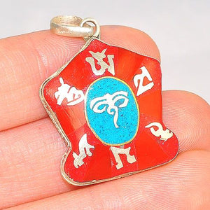 Sterling Silver Tibetan Coral and Turquoise Buddha Eye OM Pendant