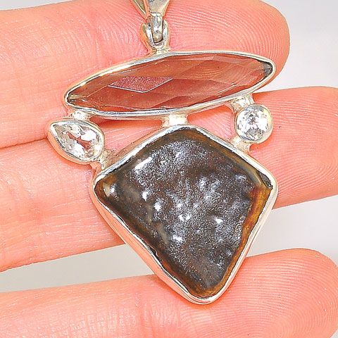 Sterling Silver Fossilized Dinosaur Bone with 4.8 Carats Smoky Quartz and 0.8 Carats White Topaz Pendant