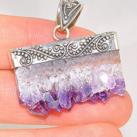 Sterling Silver Amethyst Crystal Cluster with Scroll Edging Pendant