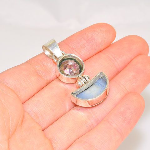 Sterling Silver Blue Druzy and Mystic Topaz Duet Pendant