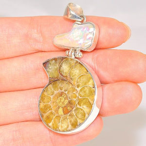 Sterling Silver Fossil Ammonite and Freeform Freshwater Pearl Duet Pendant